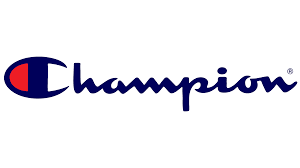 Champion logo in navy blue script font with red and white shield emblem on the left side in collection champion
