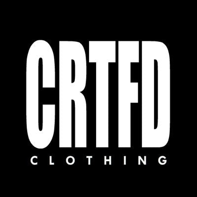 White crtfd logo with bold blocky lettering and smaller clothing text beneath in the crtfd collection