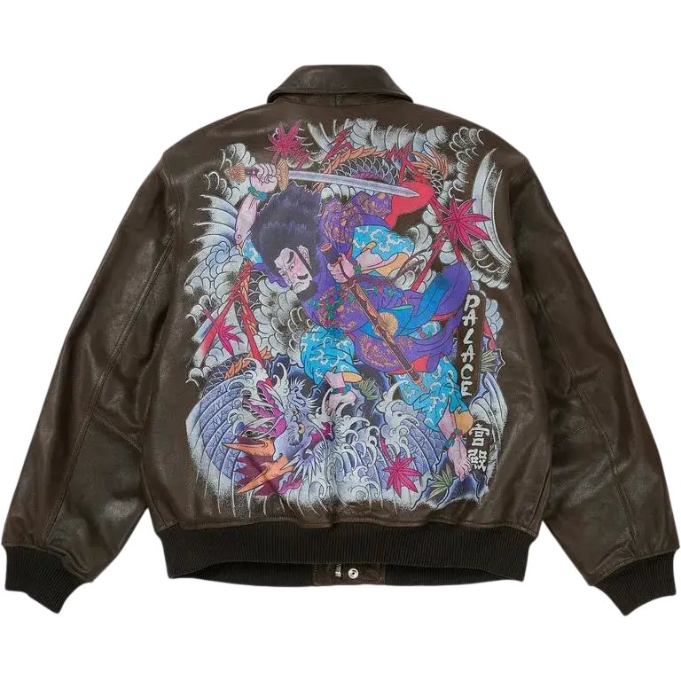 Brown leather bomber jacket back featuring vibrant detailed japanese style samurai warrior illustration