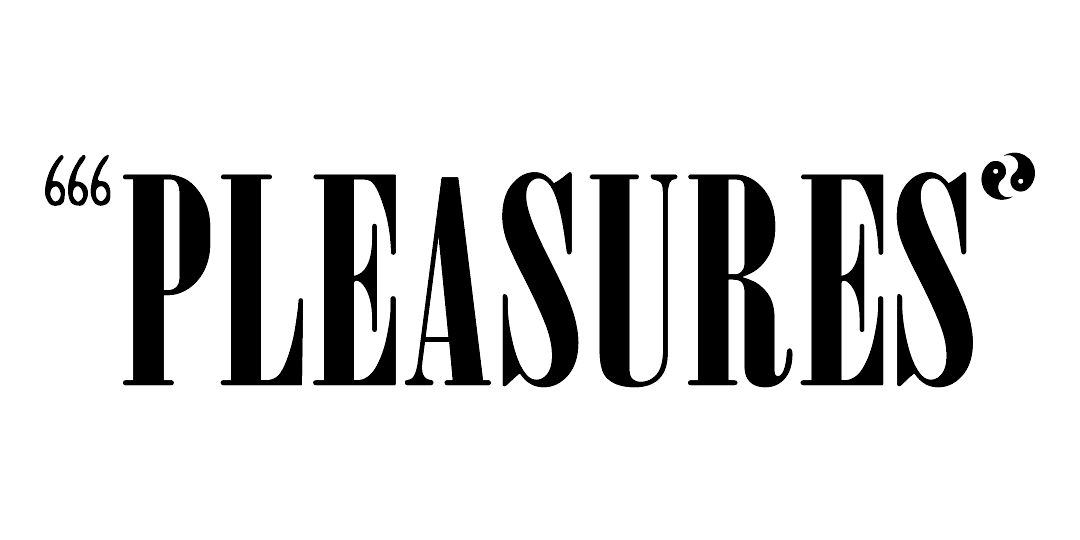 A black minimalist artwork titled pleasures featuring an abstract dark composition with no discernible objects