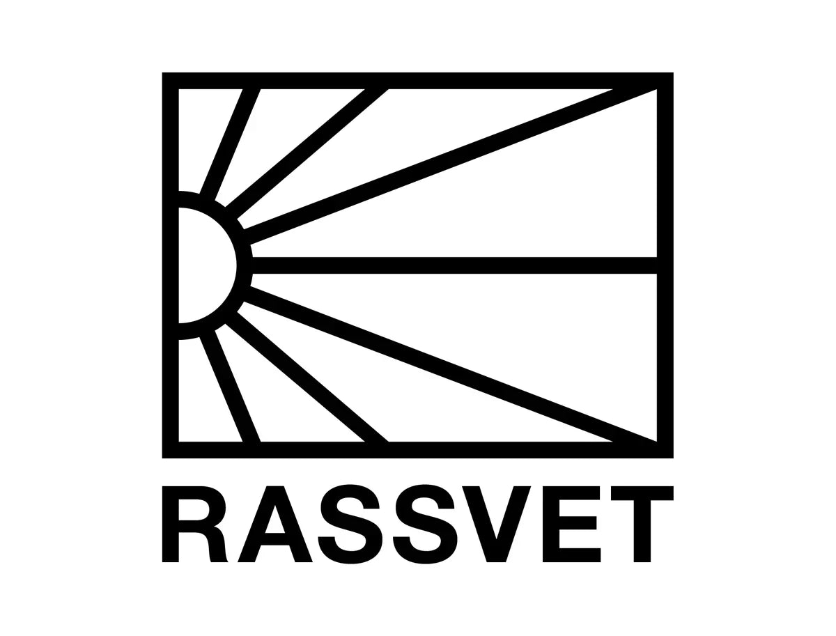 Black line-art logo of stylized sunburst within a rectangular frame with rassvet brand name in bold uppercase letters