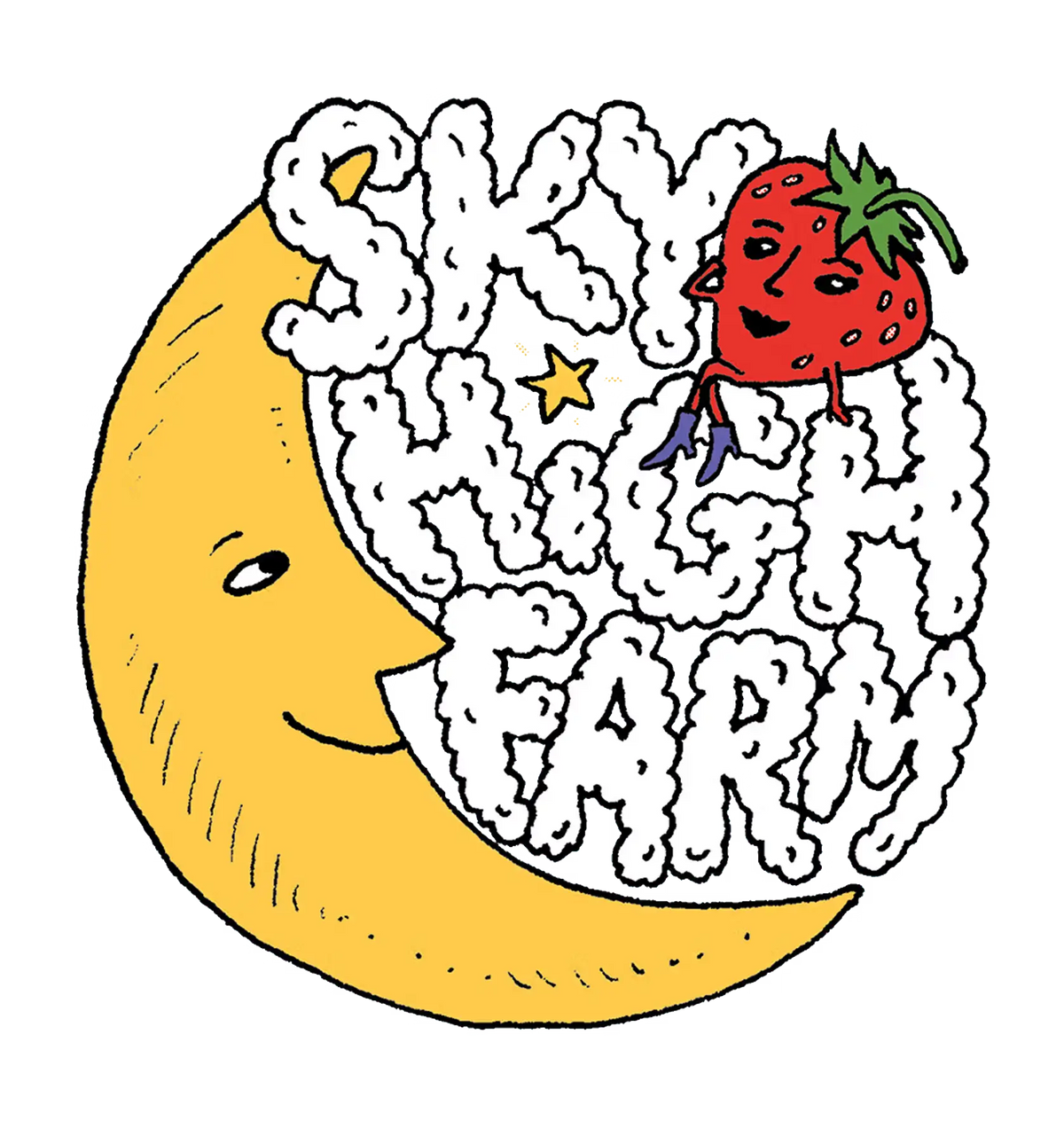 Yellow crescent moon with a smiling face surrounded by white clouds and stylized sky high farm lettering