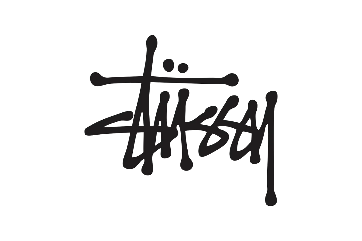 Stüssy logo in black on a dark background from the Stussy collection showcasing streetwear branding.