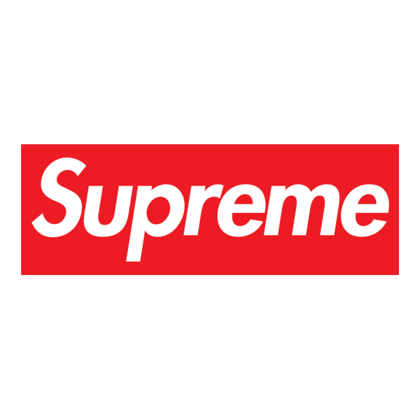 Red rectangular Supreme logo with white lettering in a collection titled Supreme on a fabric background