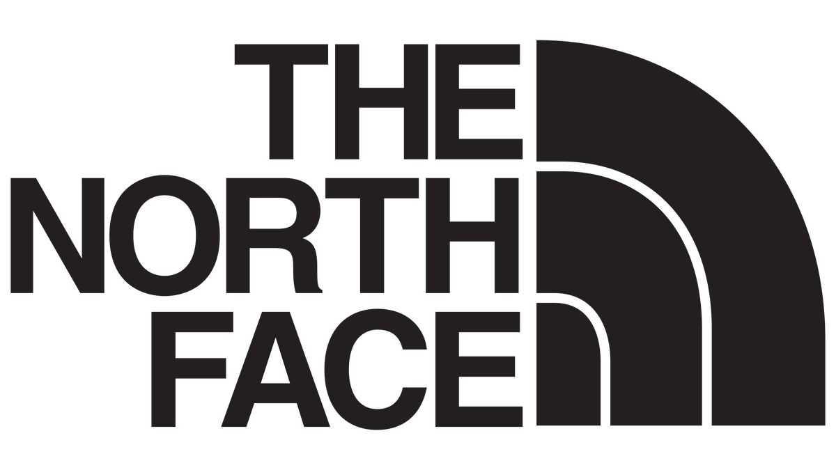 The north face logo with bold black lettering white triangle and dark gray mountain silhouette in the north face collection