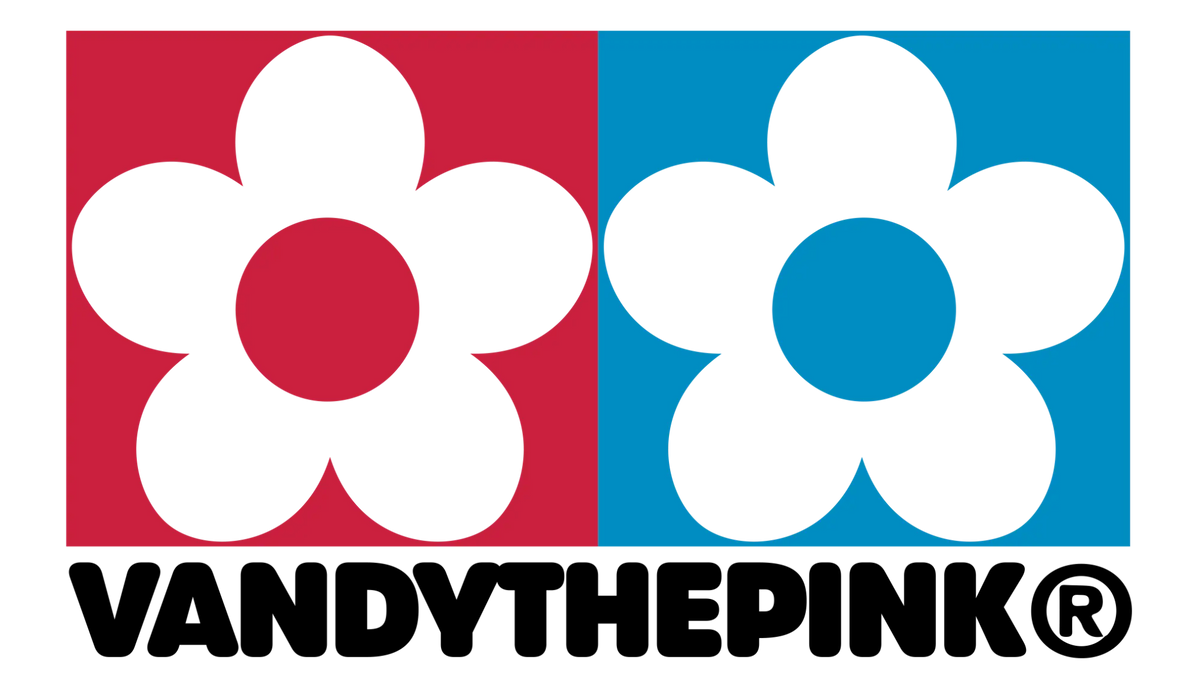 Two stylized black flower silhouettes, each set against a solid colored background , one on red and the other on blue.