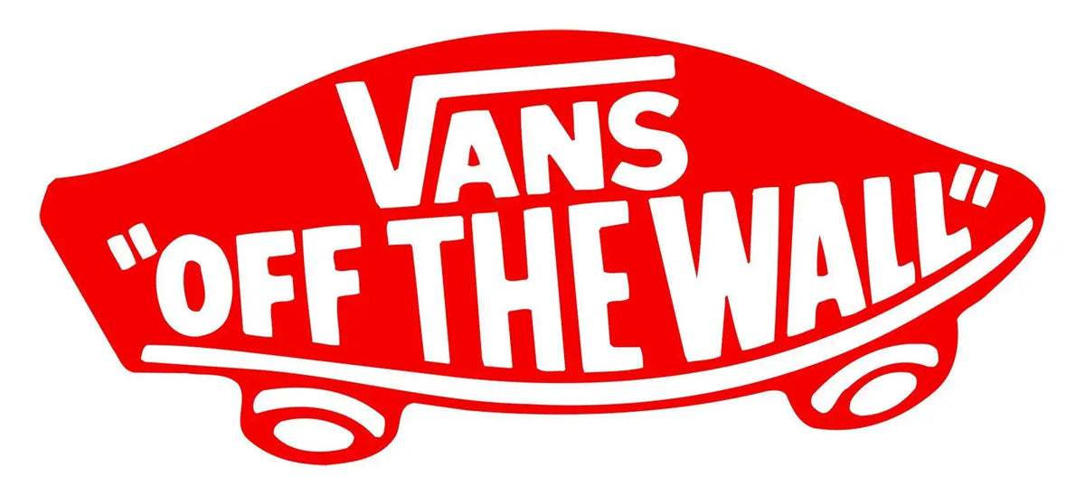 Red Vans off the wall logo sticker shaped like a skateboard in a Vans collection
