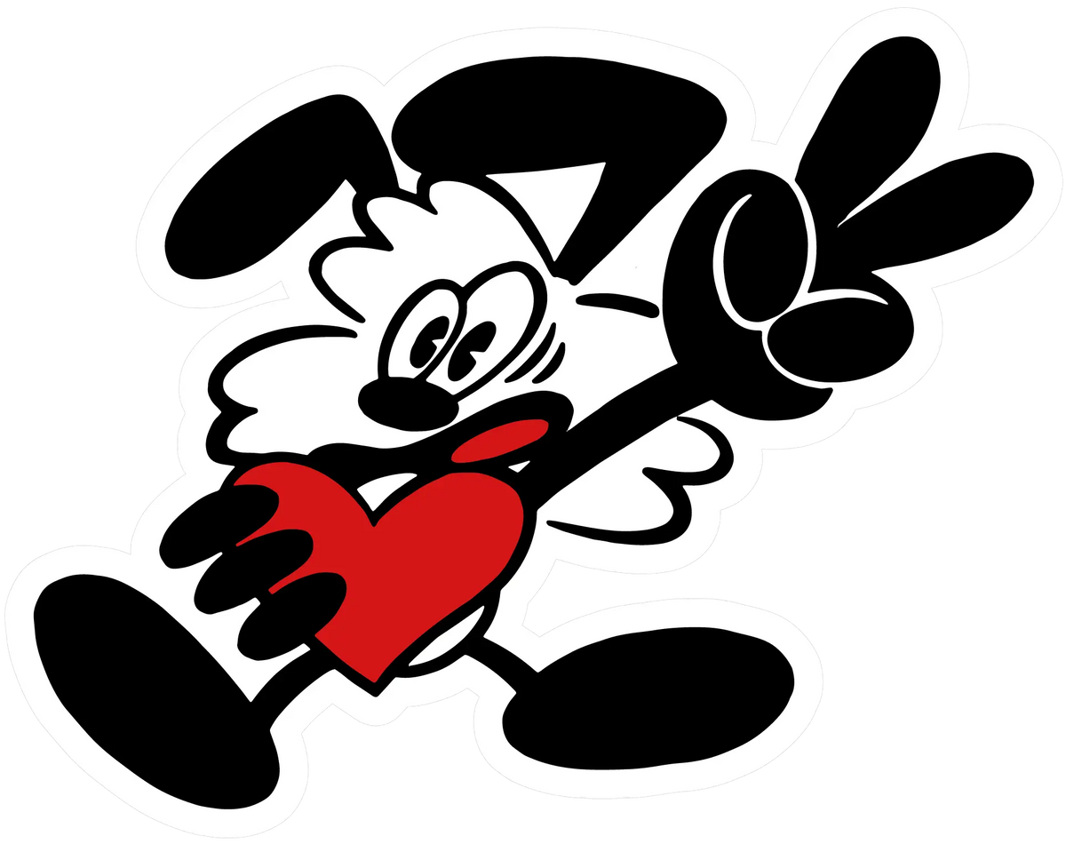 Black and white cartoon dog sticker holding a red heart from the verdy collection