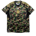 Adidas x Bape football jersey green with camouflage pattern bape logo and gold shoulder stripes for soccer use