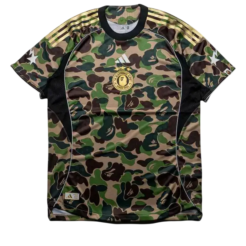 Adidas x Bape football jersey green with camouflage pattern bape logo and gold shoulder stripes for soccer use