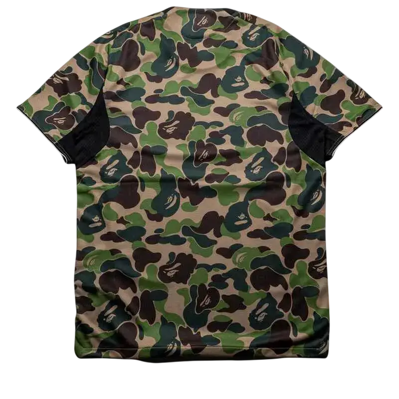 Adidas x Bape football jersey green short-sleeved shirt with green brown beige camouflage and repeated ape head logos