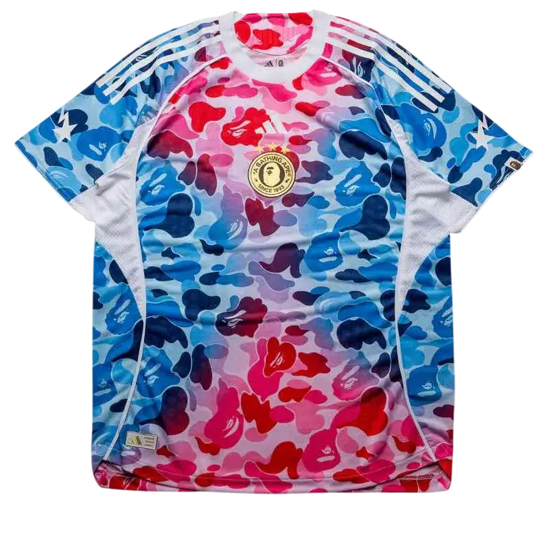 Adidas x Bape football jersey shock in vibrant blue and pink camouflage with white sleeve stripes and gold Bape logo