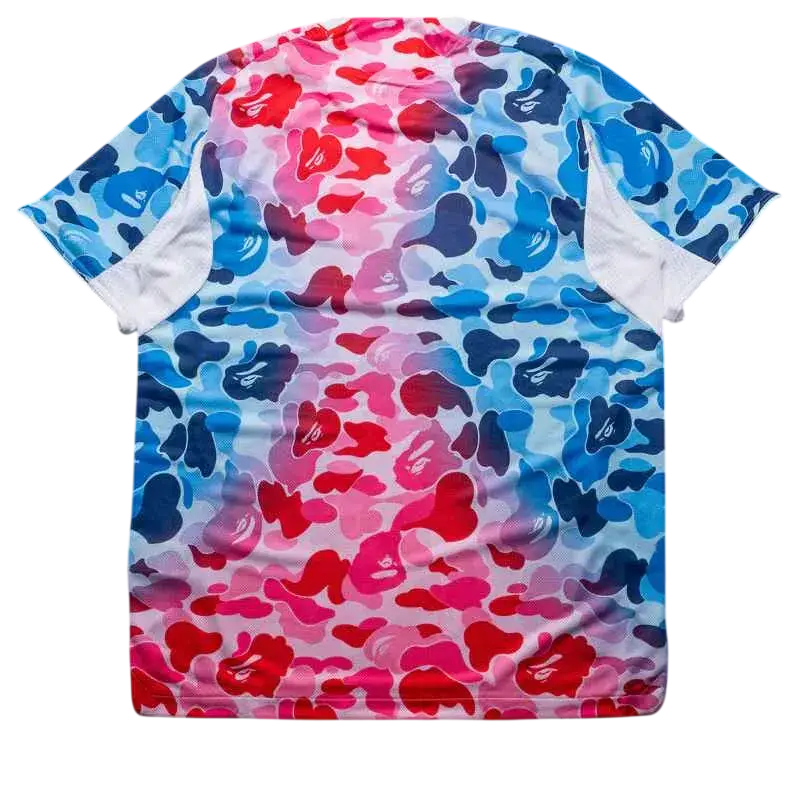 Adidas x Bape football jersey shock short-sleeved t-shirt with pink red blue gradient camouflage and white inner sleeves