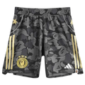 Adidas x Bape soccer shorts in black and gray camouflage with gold stripes, Bape logo patch, and Adidas branding