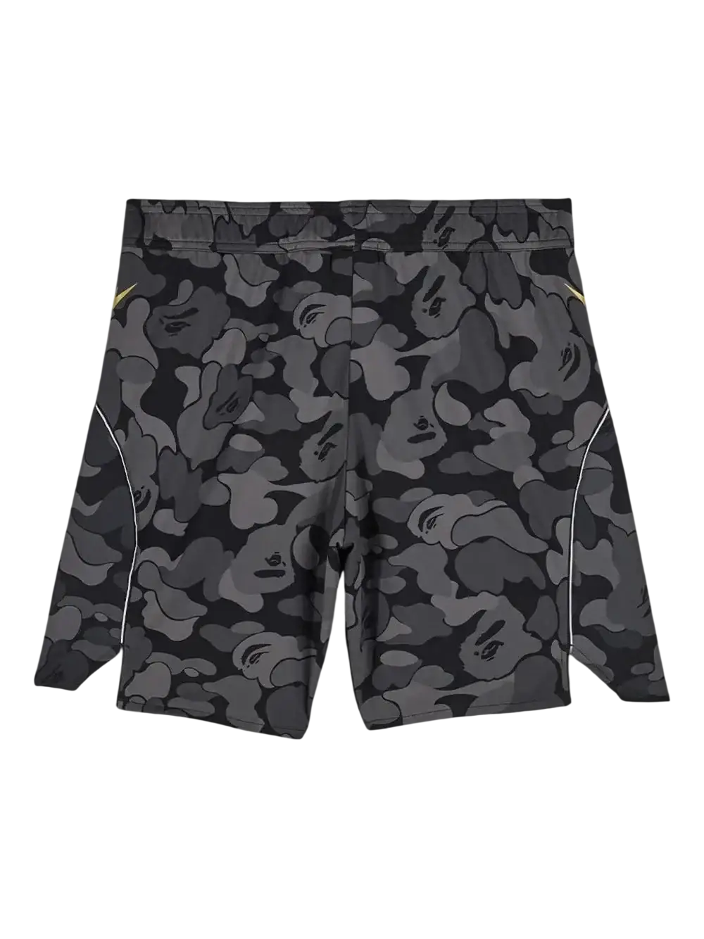 Adidas x Bape soccer shorts black with gray camouflage stylized ape face pattern and white side stripes