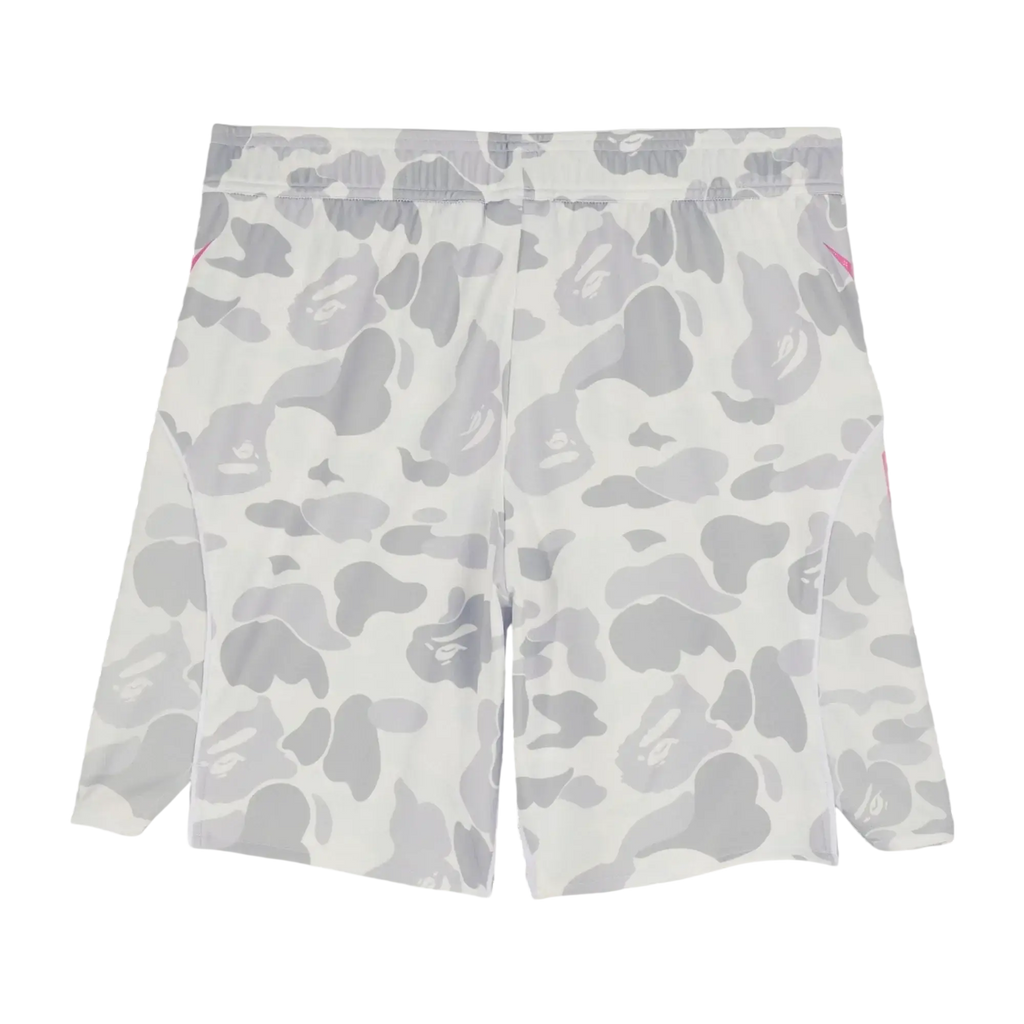 Adidas x Bape soccer shorts white with gray camouflage pattern and subtle pink accents along the side seams