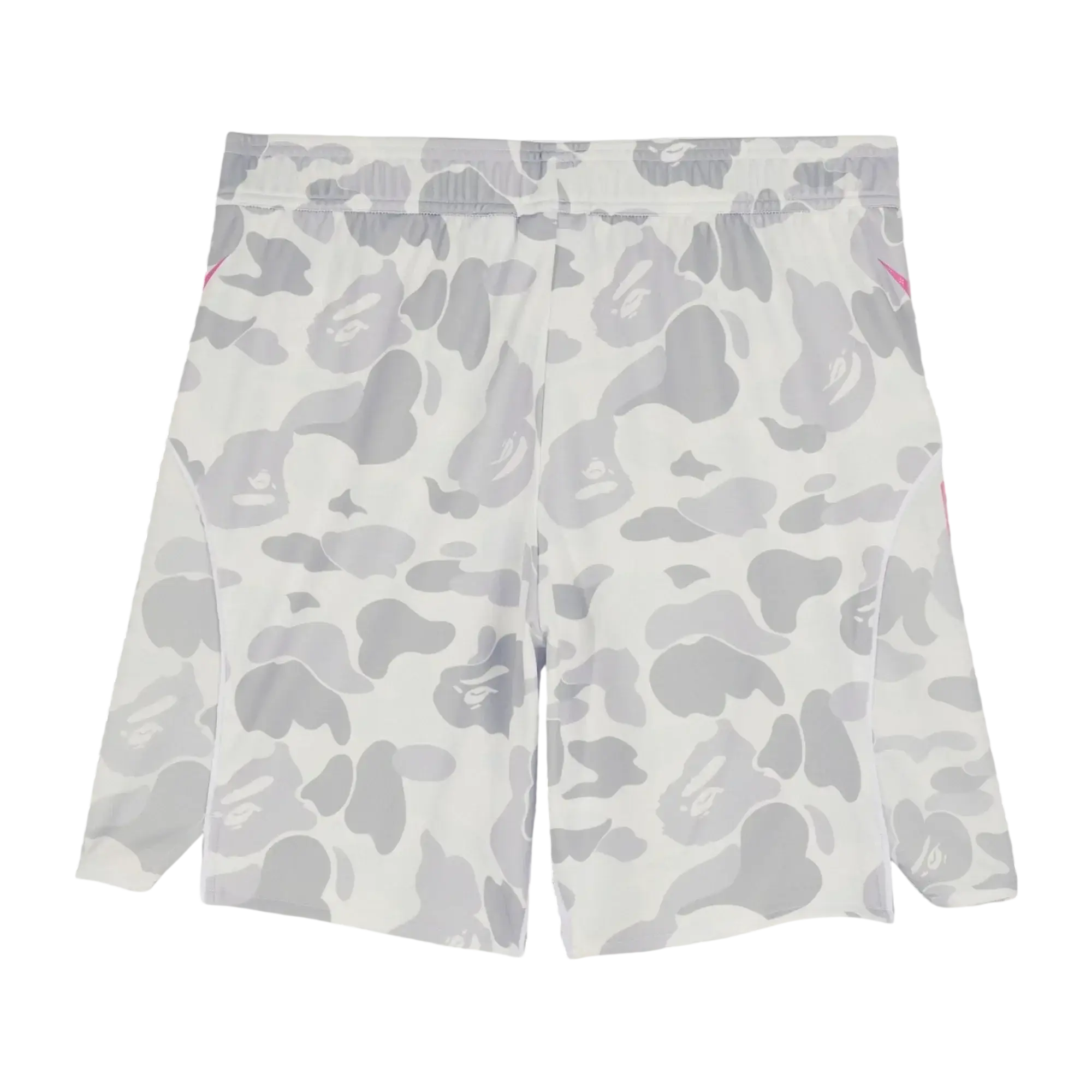 Adidas x Bape soccer shorts white with gray camouflage pattern and subtle pink accents along the side seams