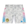 Adidas x Bape soccer shorts white with white and gray camouflage, pink to blue gradient stripes, gold a bathing ape patch, and Adidas logo