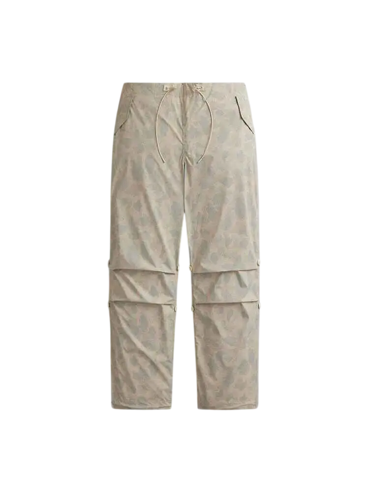 Beige alpha industries lightweight parachute cargo pants with subtle limestone frogskin camo and adjustable drawstring waist