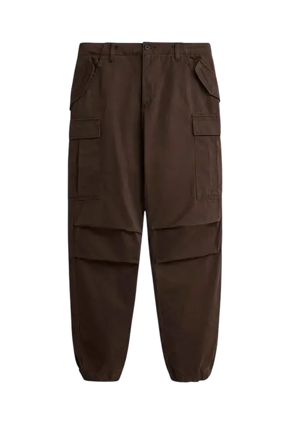 Alpha industries m-65 chocolate brown cargo pants with multiple pockets and a relaxed fit in durable material
