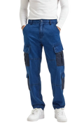 Alpha Industries x Lee blue denim cargo pants with dark gray patch panels on thighs and knees front view