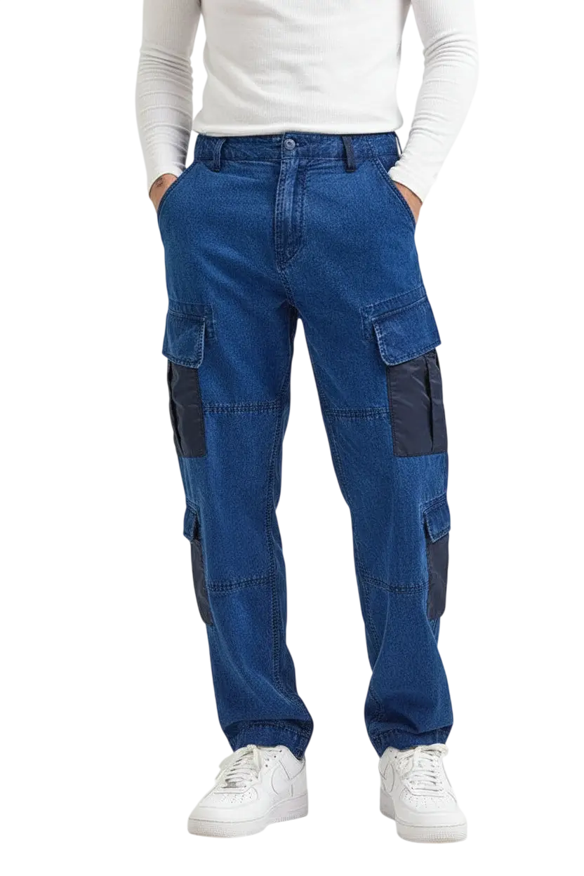 Alpha Industries x Lee blue denim cargo pants with dark gray patch panels on thighs and knees front view