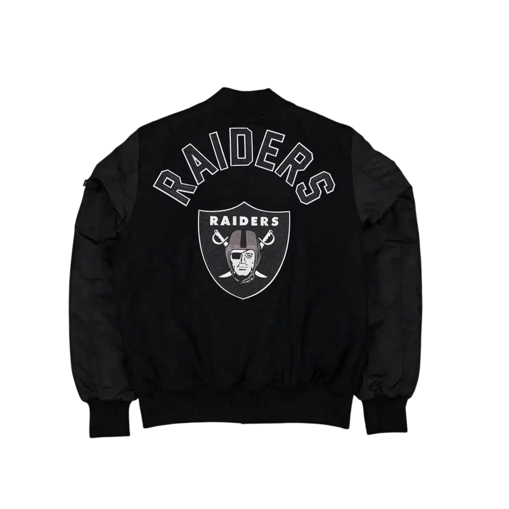 Black alpha industries x new era raiders bomber jacket with white embroidered logo and lettering