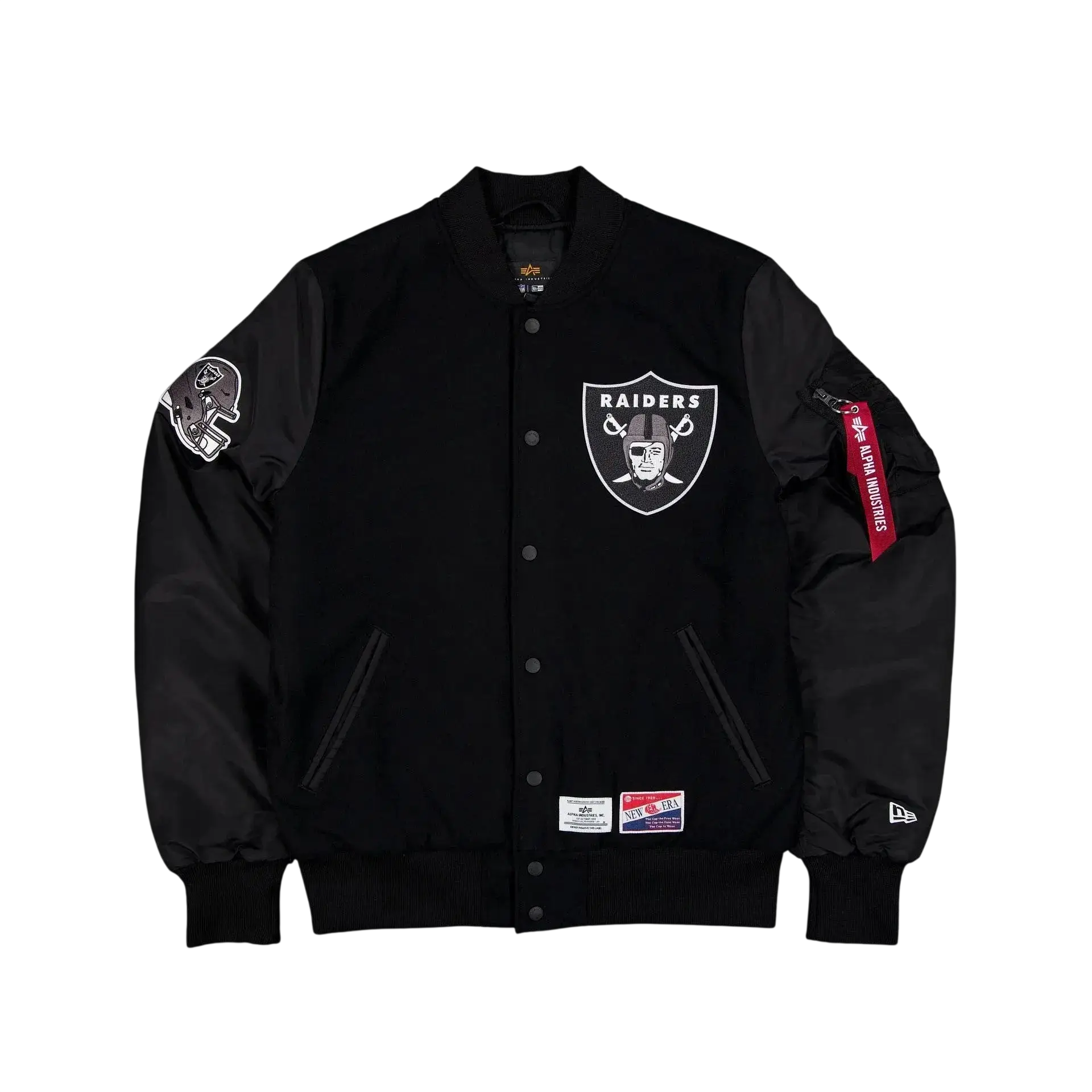 Black bomber jacket by Alpha Industries x New Era featuring white Raiders logo chest, shoulder patches, and branded tag