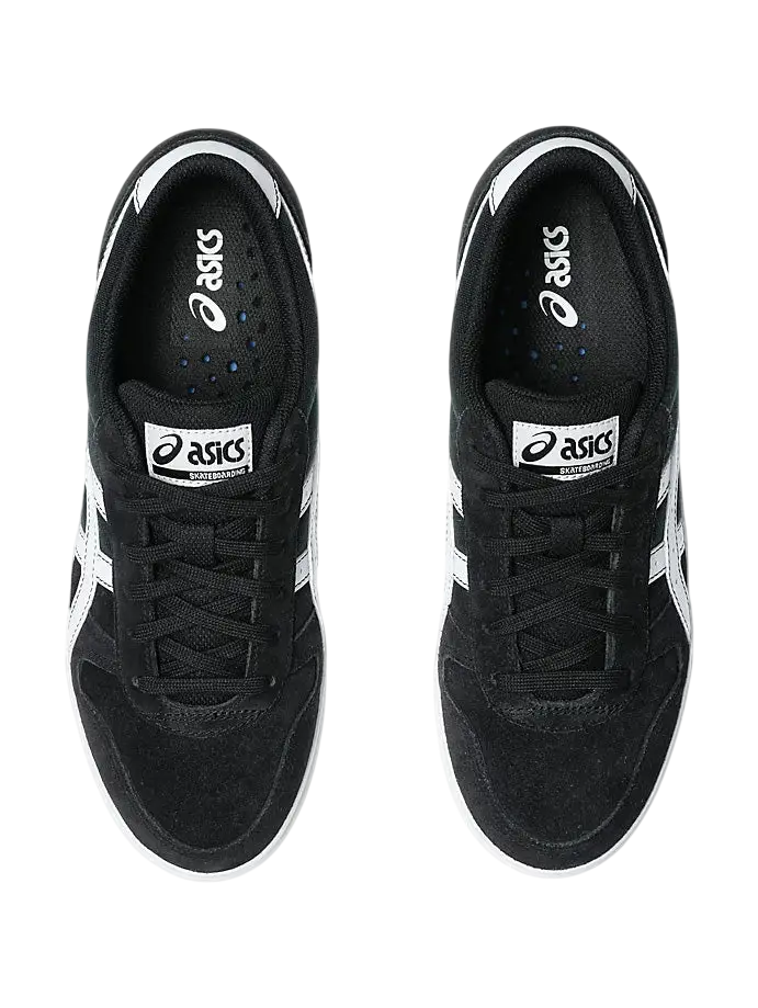 Black asics aaron pro skate shoes with white accents and suede upper for durable skateboarding performance