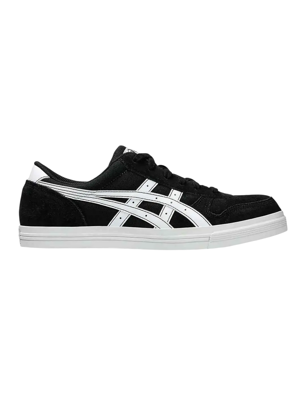 Black suede asics aaron pro sneaker with white rubber sole and iconic striped logo in black and white colorway