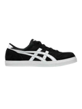 Black suede asics aaron pro sneaker with white rubber sole and iconic striped logo in black and white colorway