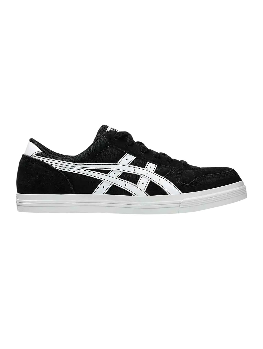 Black suede asics aaron pro sneaker with white rubber sole and iconic striped logo in black and white colorway