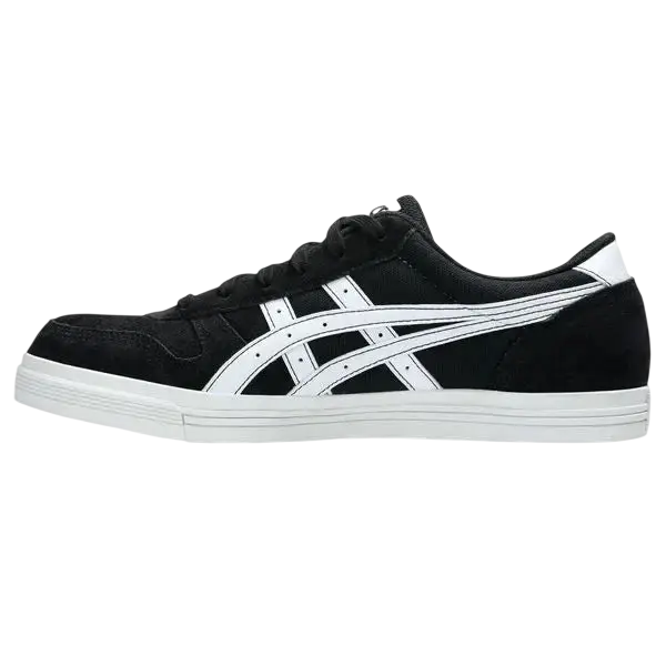 Black suede asics aaron pro sneaker with white rubber sole and iconic striped logo