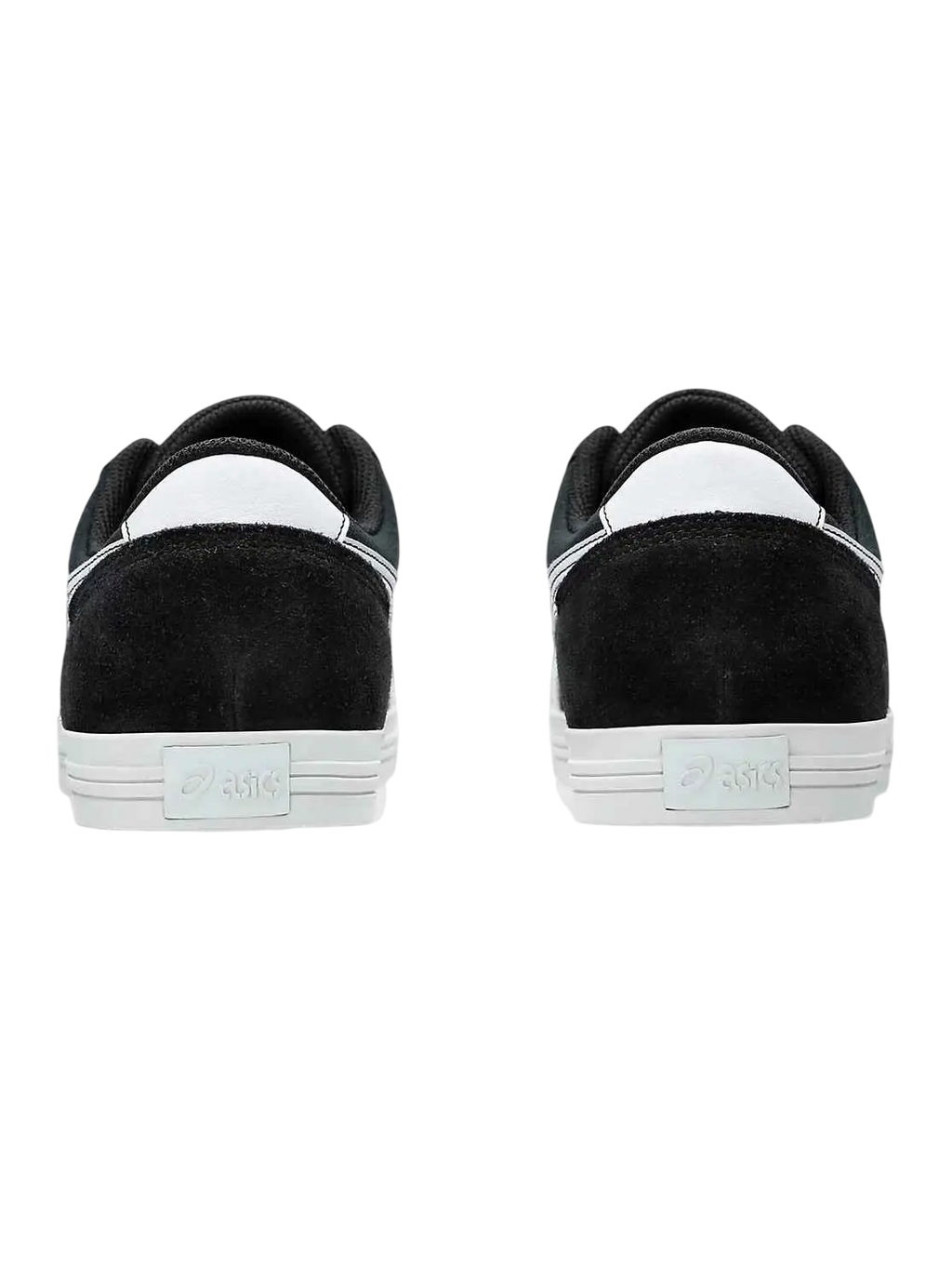 Black and white nike sb dunk low sneakers with suede upper rubber sole and classic low-top design labeled as asics aaron pro