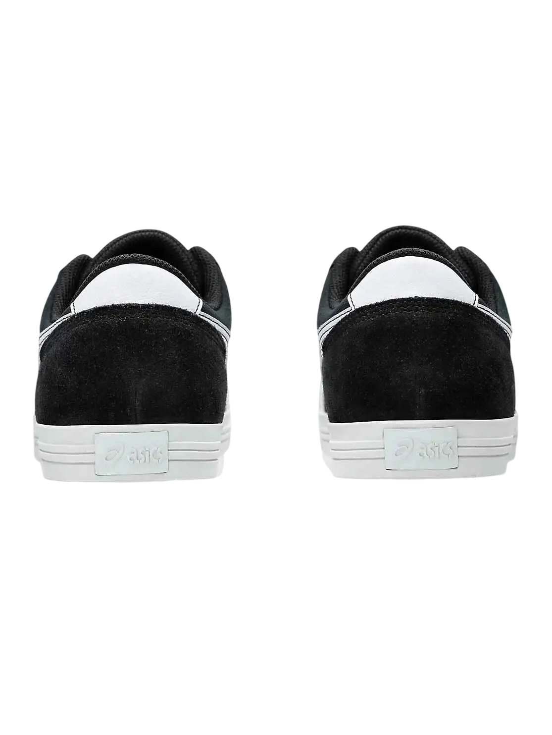 Black and white nike sb dunk low sneakers with suede upper rubber sole and classic low-top design labeled as asics aaron pro