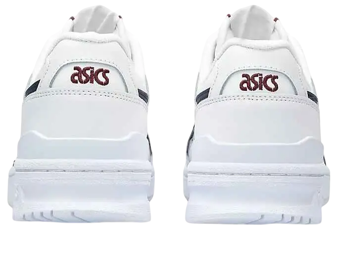 White asics ex89 sneakers with maroon branding and black heel accents shown from the back side