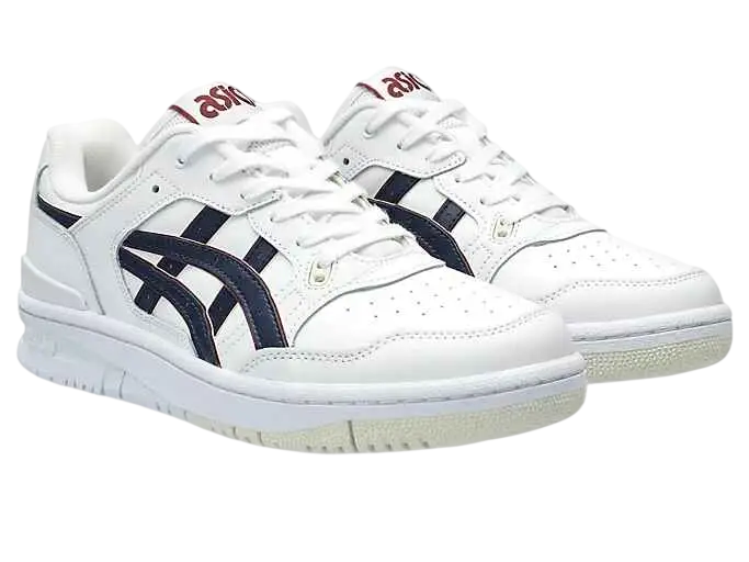 White asics ex89 sneakers with navy blue stripes and red branding on the tongue for casual wear