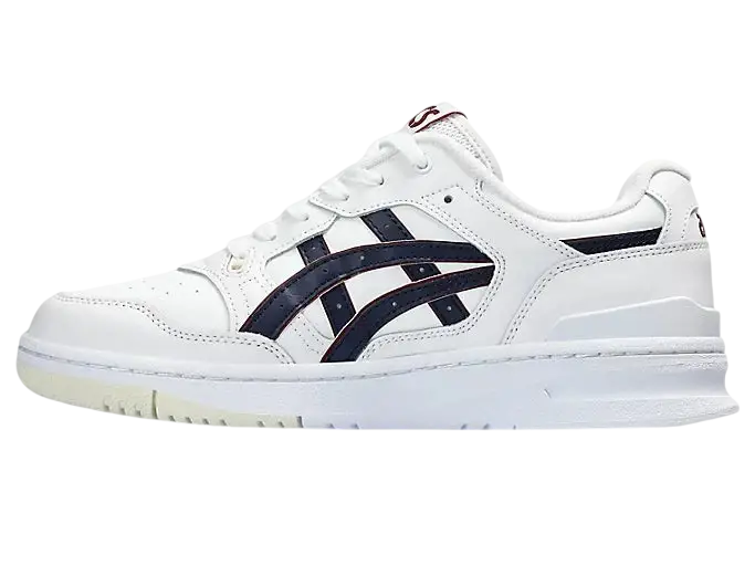 Asics ex89 white/midnight sneaker with white leather, black stripes, and subtle red accents on the laces