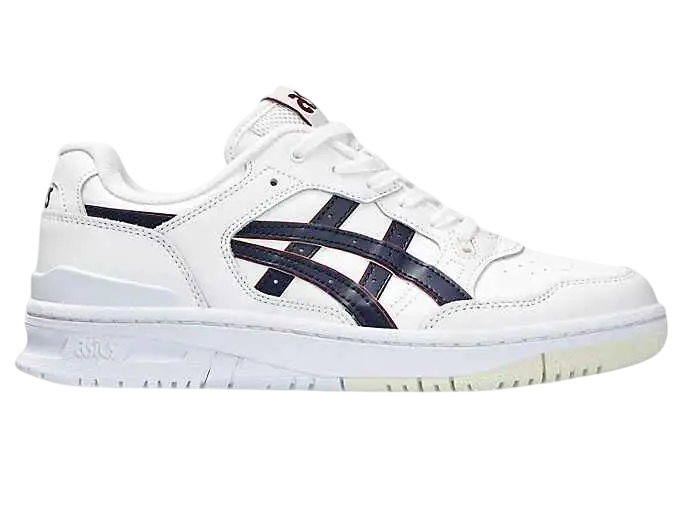 White asics ex89 sneaker with navy blue stripes featuring a clean minimalist design and durable materials