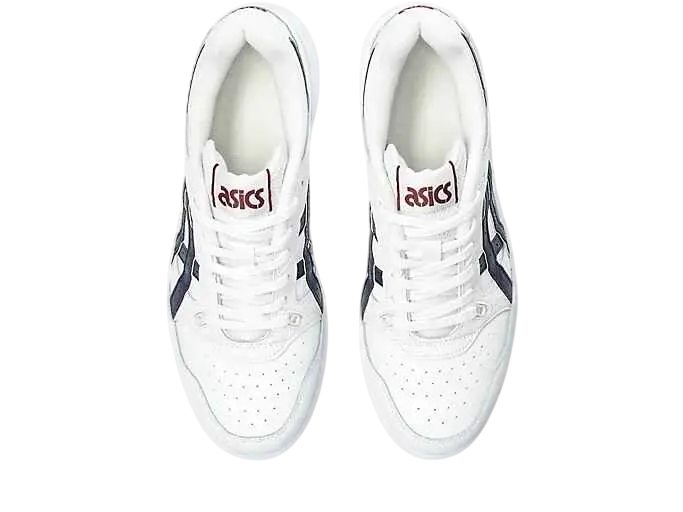 Asics EX89 white tennis shoes with black side stripes and red branding for performance on court
