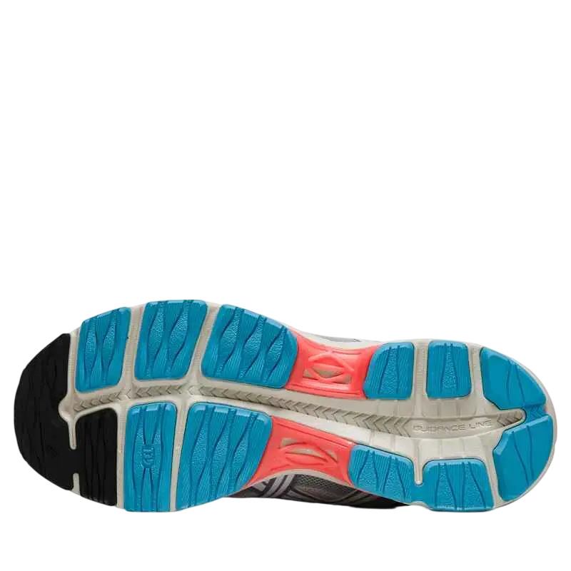 The sole of the asics gel-k1011 white pure silver running shoe features vibrant blue and coral rubber with cushioning line design