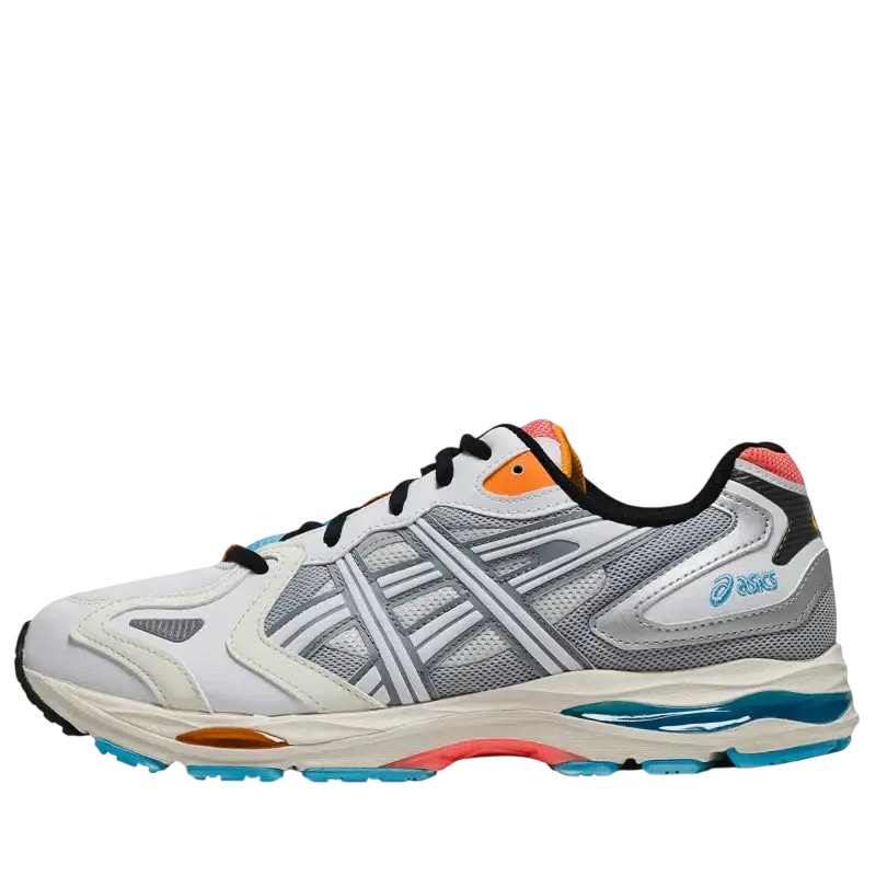 Asics Gel-K1011 white pure silver running shoe featuring white gray with orange black and teal accents for performance use