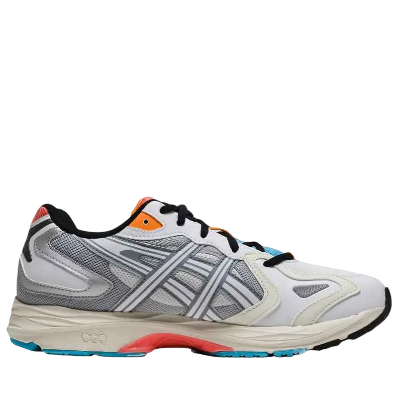 Asics Gel-K1011 white pure silver running shoe with white gray upper and orange black blue accents for running