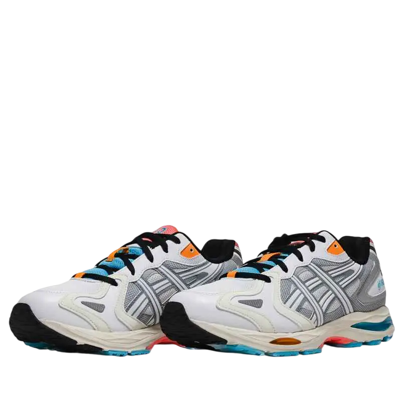 Asics gel-k1011 white pure silver running shoes in white and gray with black orange and teal accents for athletic use