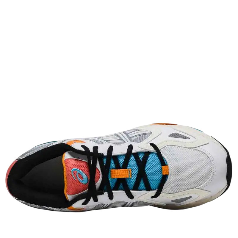 White asics gel-k1011 running shoe with black laces blue mesh accents and orange tongue and eyelet details
