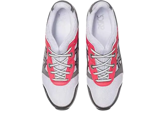 Asics Gel-Lyte III OG white and vibrant pink running shoes with mesh uppers and gray side accents and laces