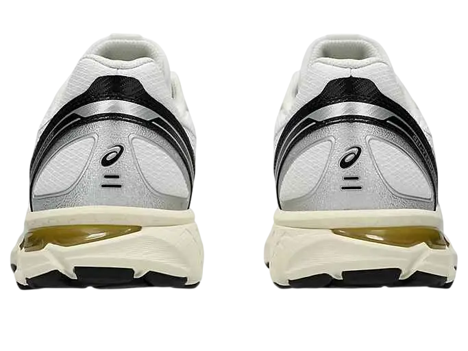 Asics gel-terrain white lake grey running shoes with black accents silver midsole translucent yellow air heel unit textured mesh upper