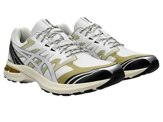 Asics Gel-Terrain white lake grey running shoes with white gold black mesh upper and bold branding