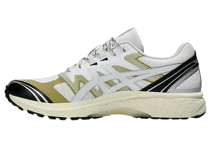 Asics gel-terrain white lake grey running shoe in white and olive green with black accents for trail running
