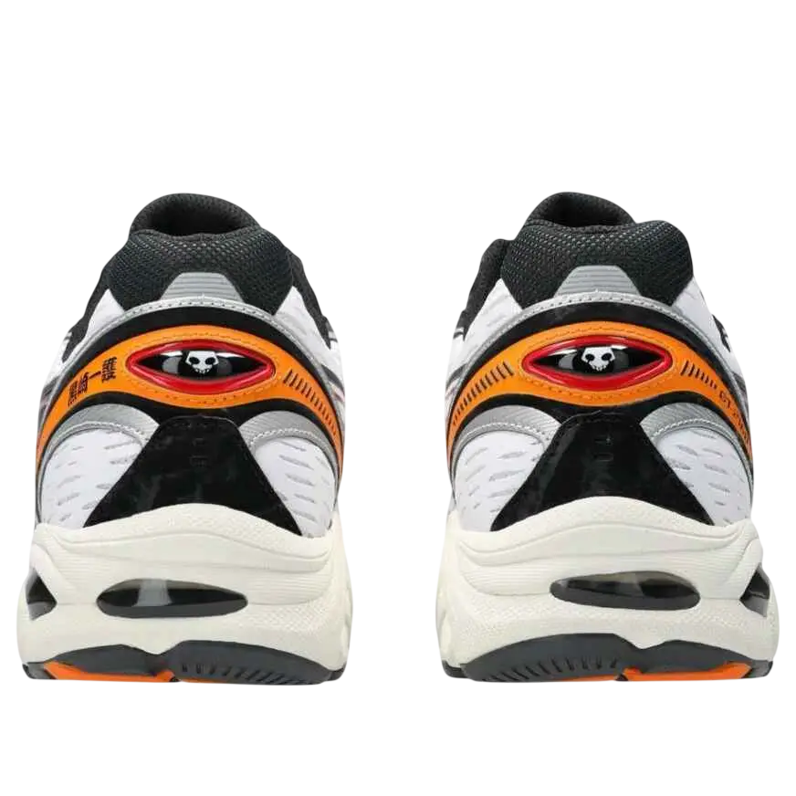 White and black asics gt 2160 bleach kurosaki ichigo sneakers with bold orange heel accent and red skull eye patch